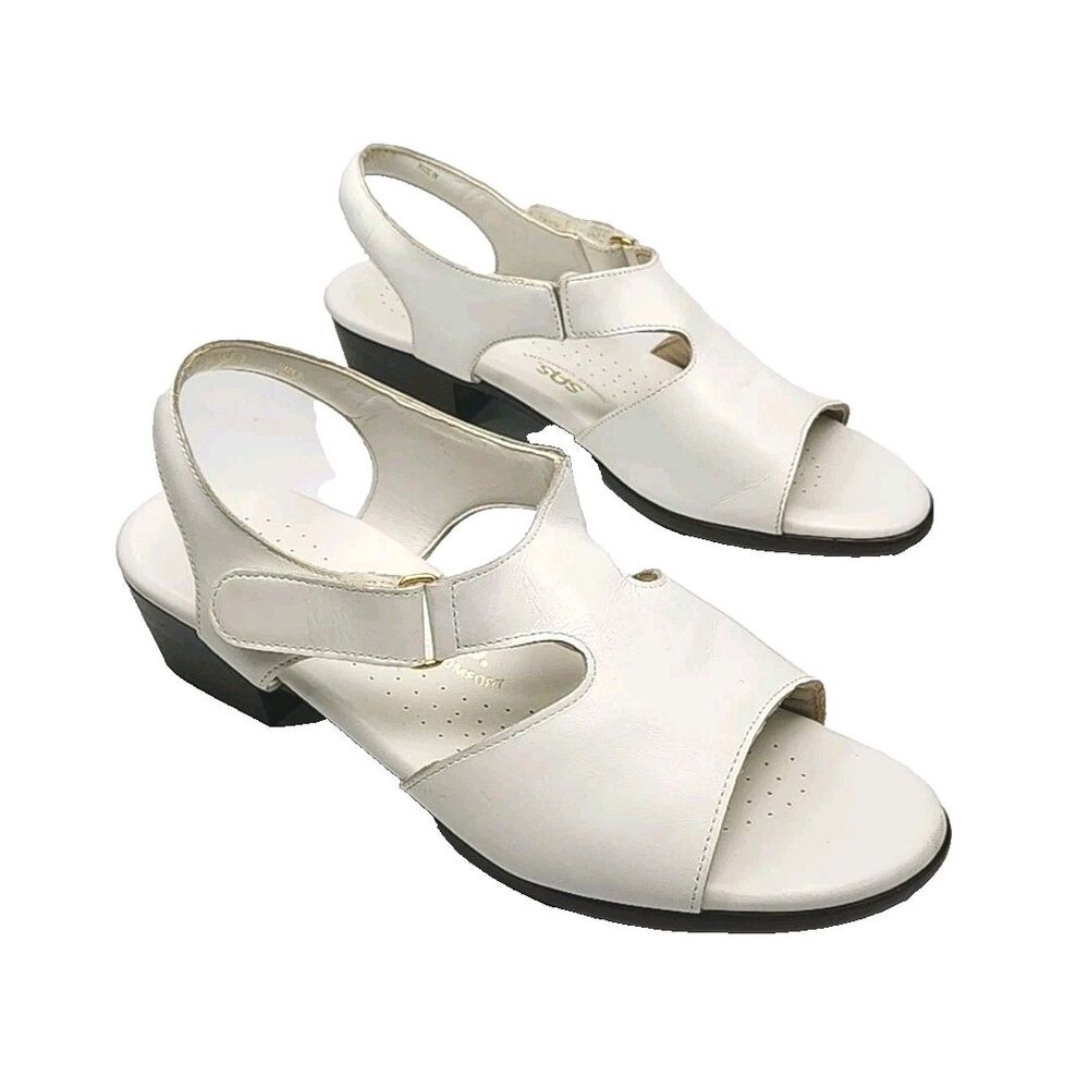 SAS Sandal Shoe White Leather 1.75" Heel Adjustable Women Sz 9.5 Tripad USA Made